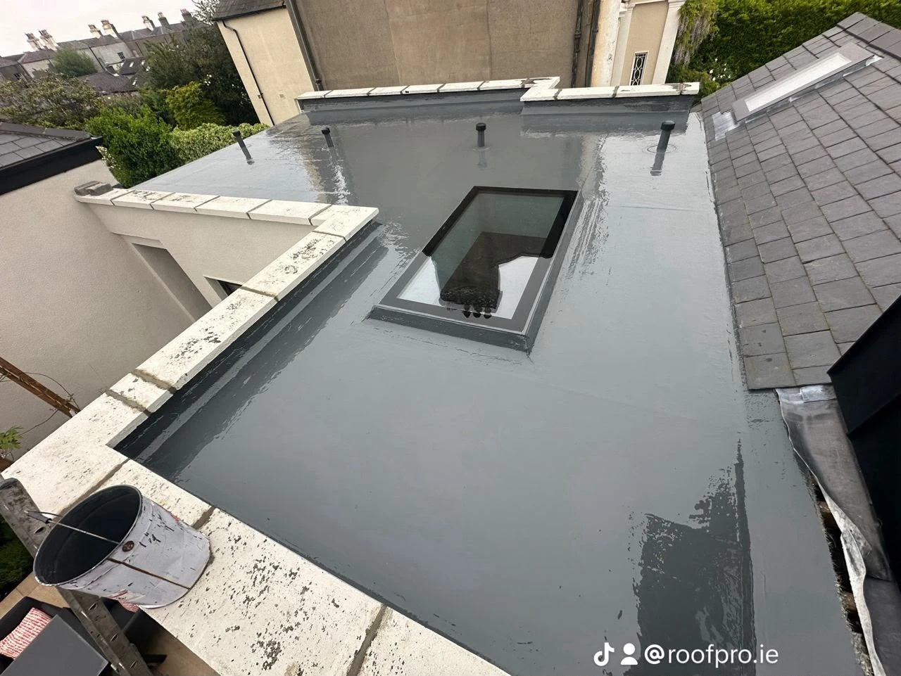 Finished fibreglass roof restoration in Dublin by Roof Pro Ltd