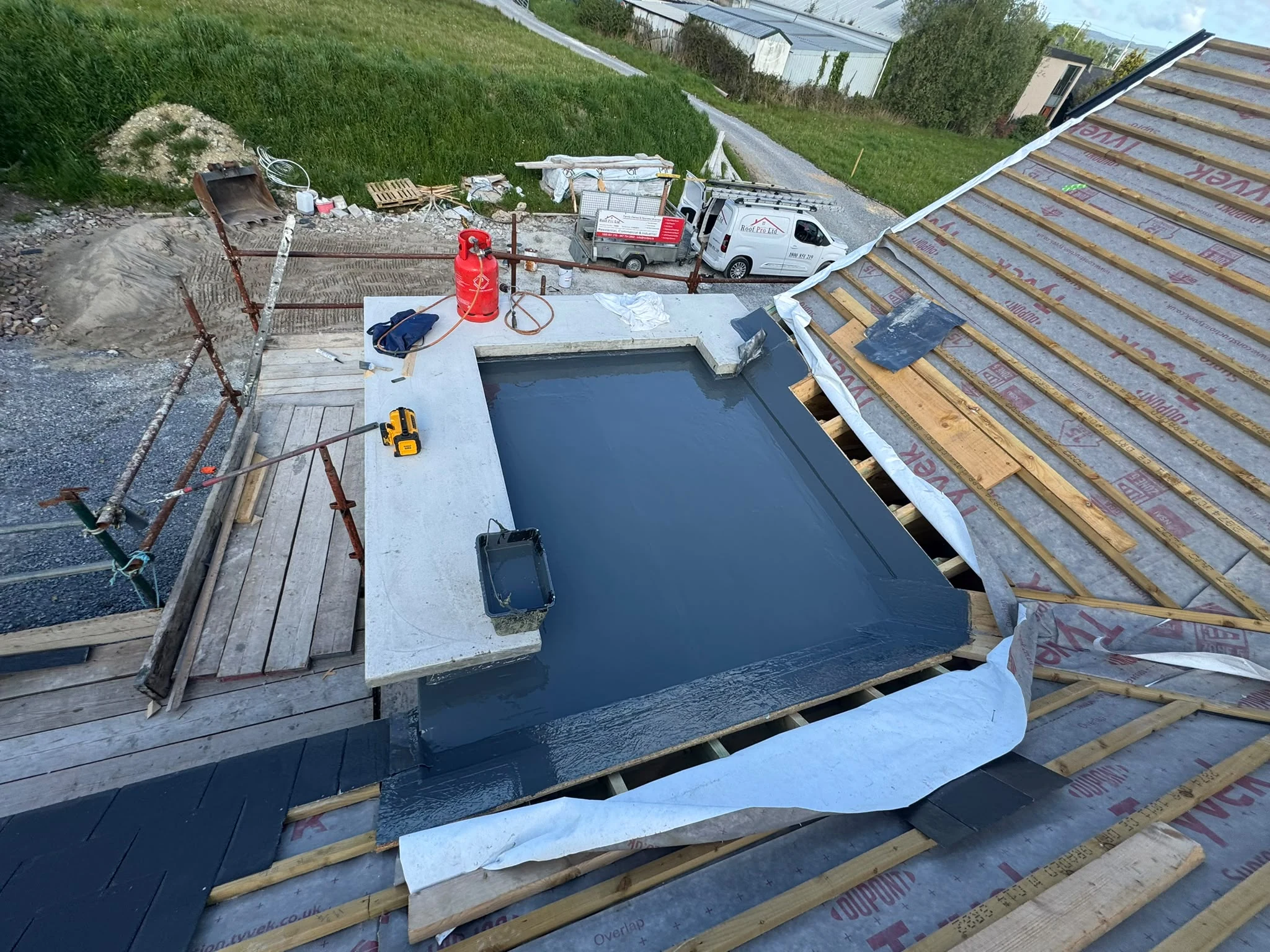 Fibreglass roof restoration in progress in Dublin by Roof Pro Ltd